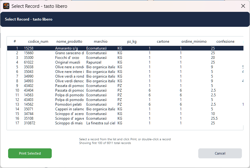 Tasto libero - Selezione record