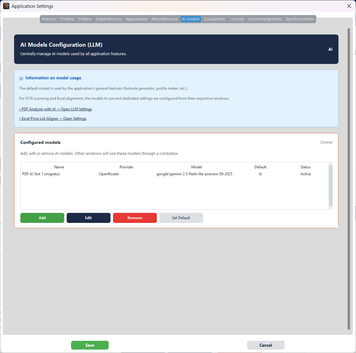 Configurazione modelli AI