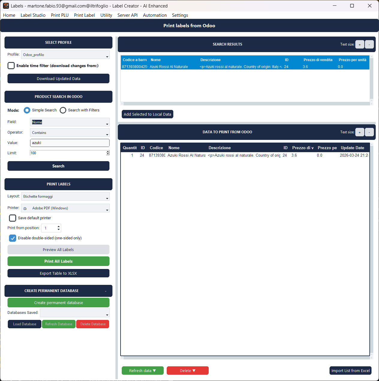 Stampa Label Odoo - Schermata principale
