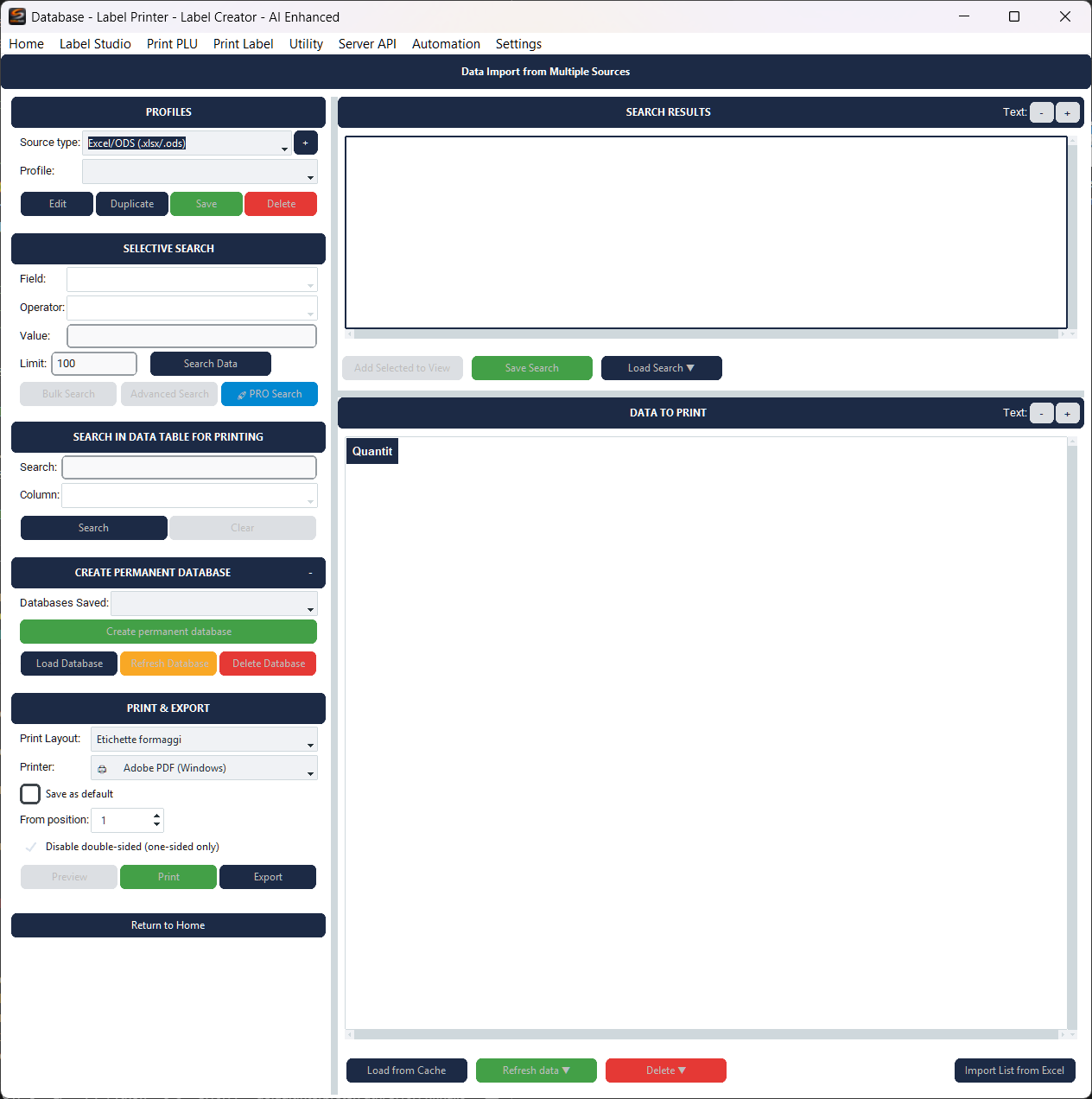 Tabelle / Database - Schermata principale