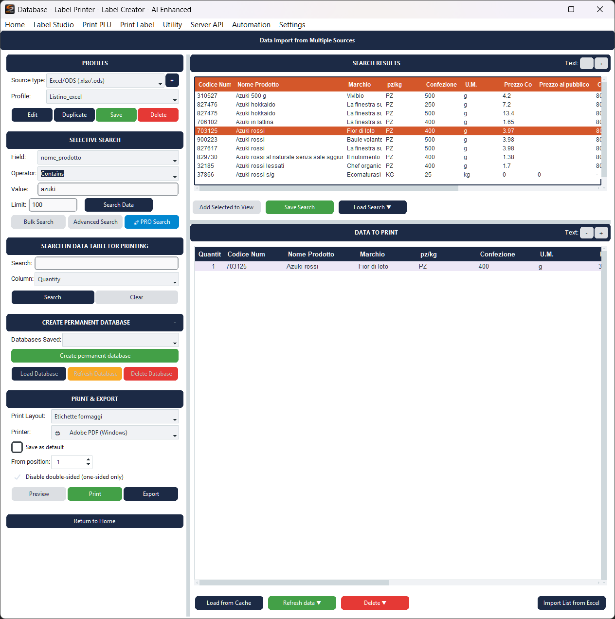 Label Creator - Importazione dati da Excel, CSV e database con ricerca avanzata