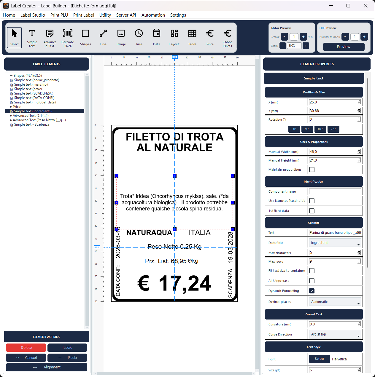 Label Creator aperto su un computer portatile