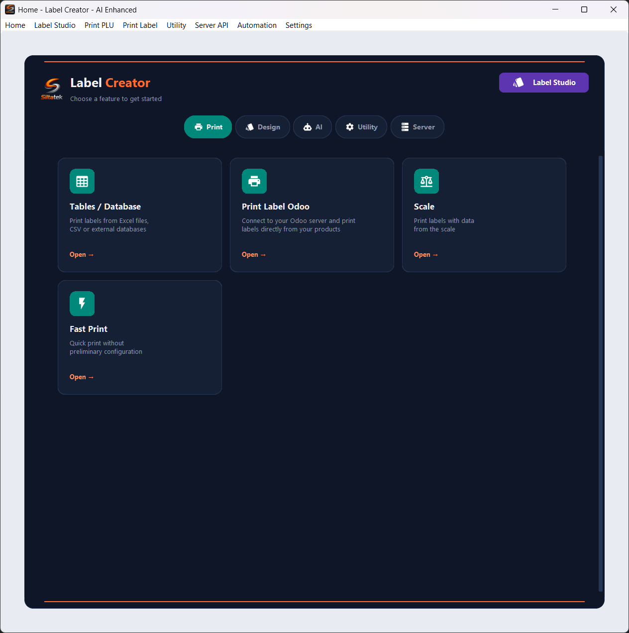 Label Creator - Dashboard principale con funzionalità Print, Design, AI, Utility e Server