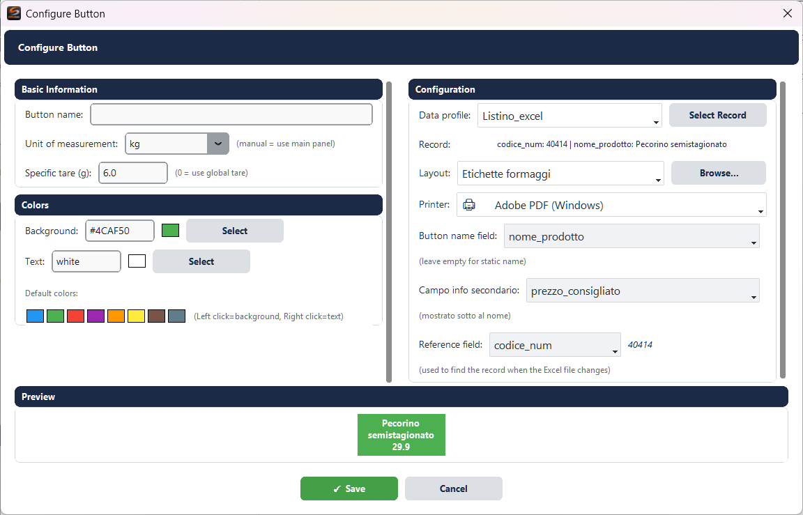 Label Creator - Configurazione bottone