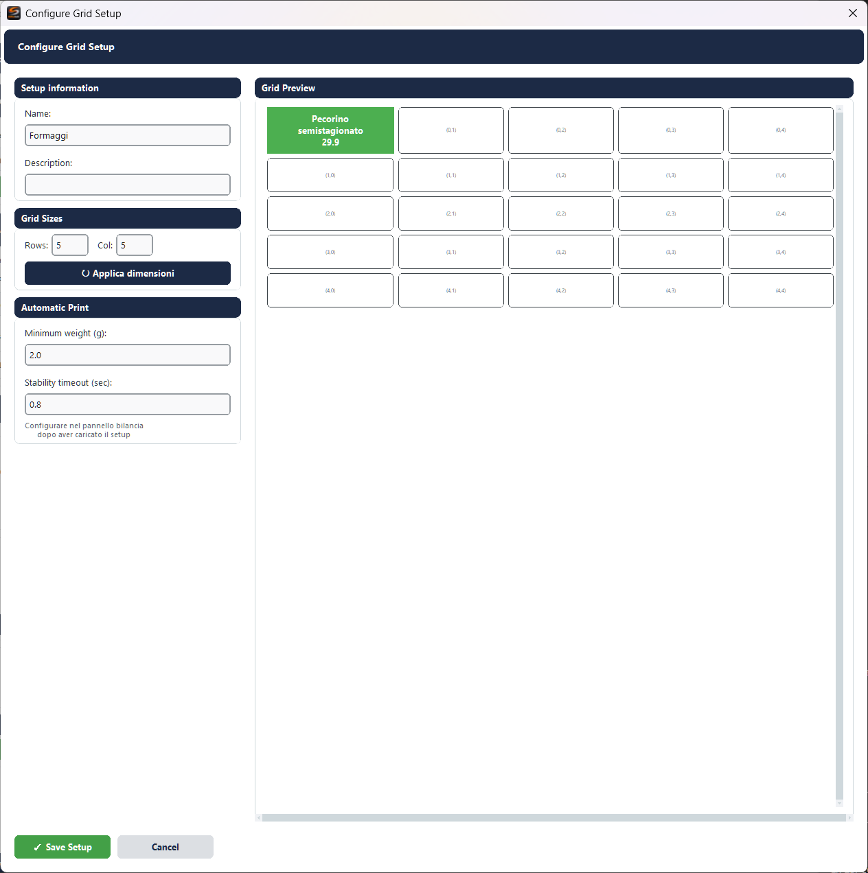 Label Creator - Configurazione griglia