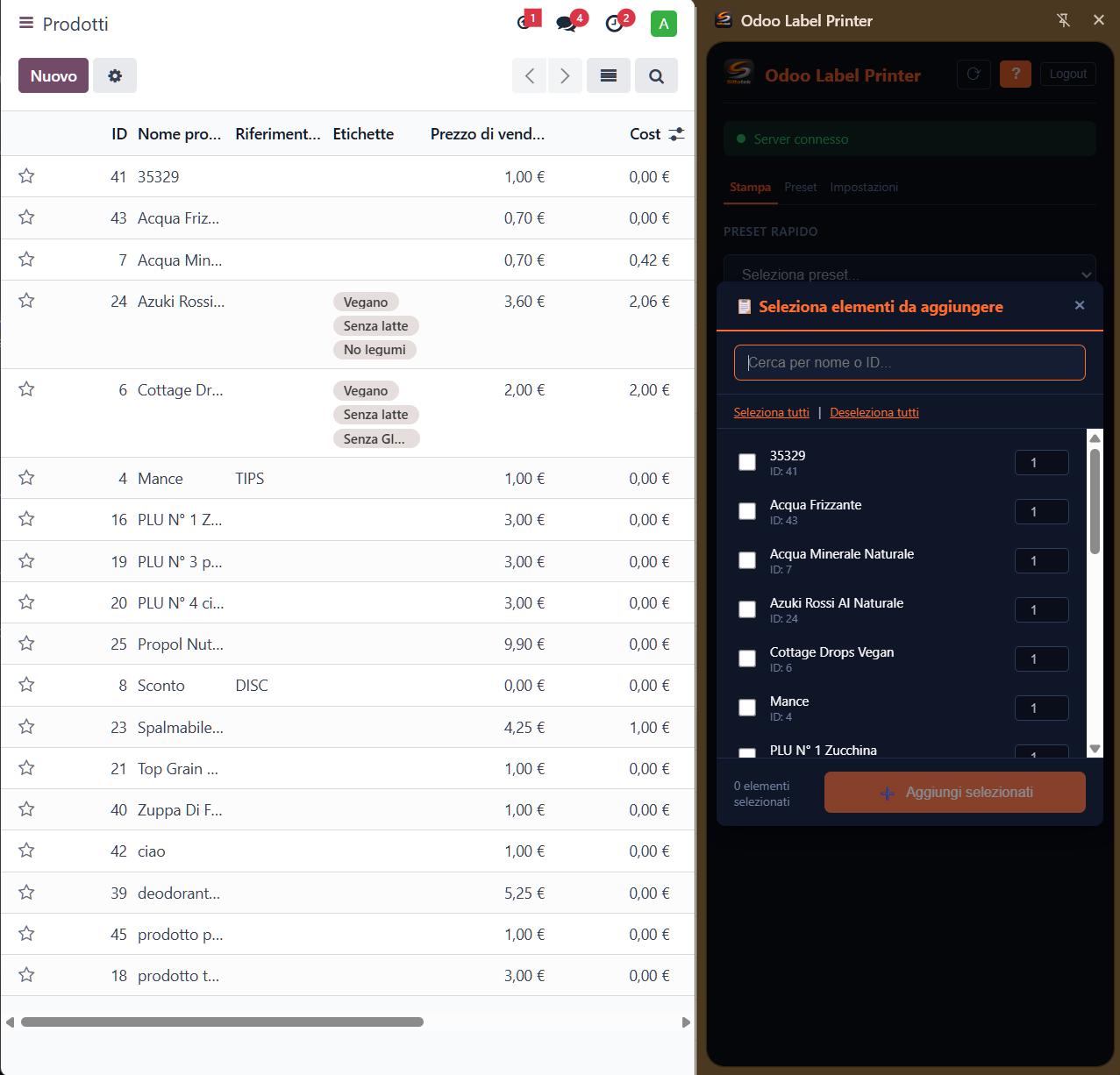 Label Creator Chrome Plugin aperto in Odoo