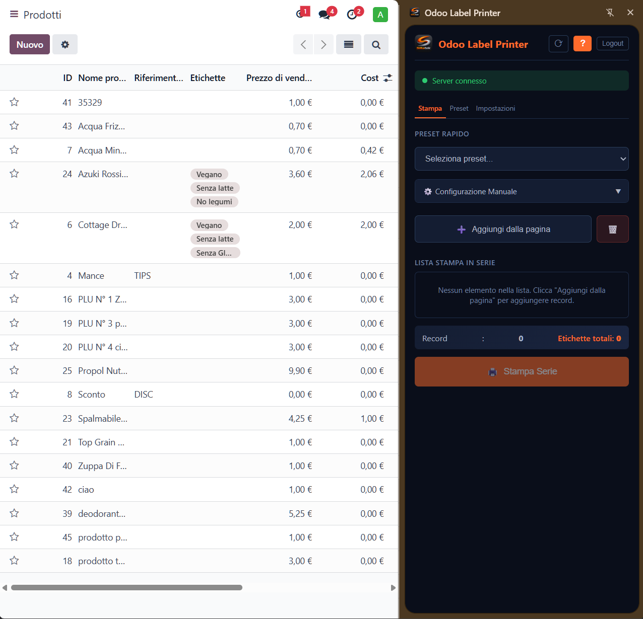 Label Creator Chrome Plugin - Vista principale